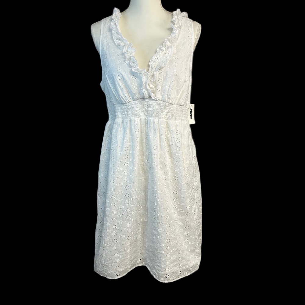 Old Navy Women Y2k Babydoll Eyelet Dress L Ruffle Smocked White Coquette NWT - Picture 2 of 8